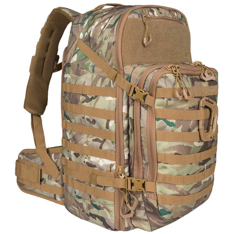 side angle of highlander harrier hmtc camo full clamshell pack 45l