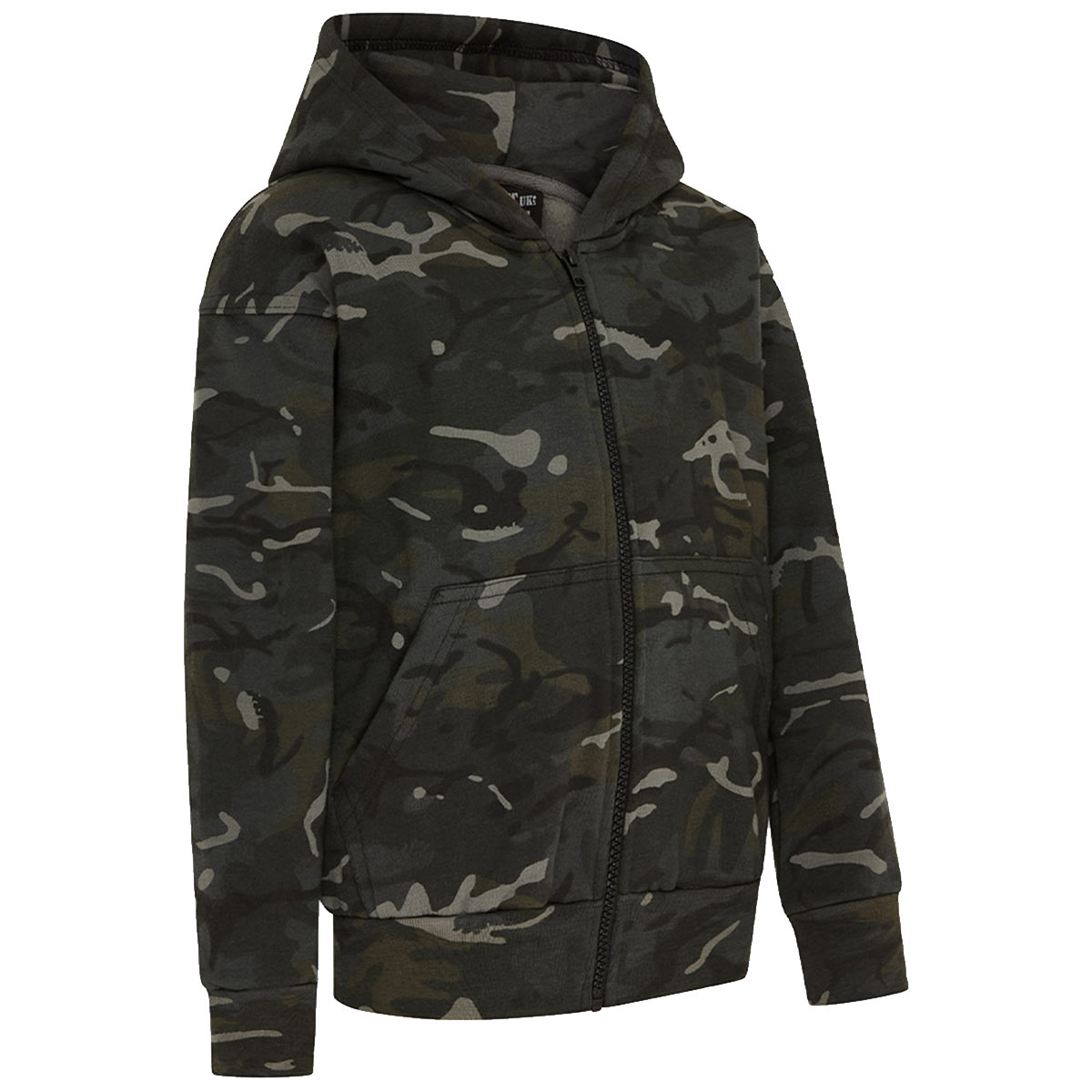 side angle of kombat kids black btp-camo hoodie
