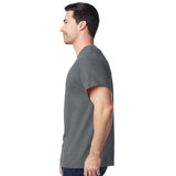 model wearing mens gildan short sleeve heavy cotton tshirt side view charcoal