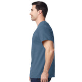 model wearing mens gildan short sleeve heavy cotton tshirt indigo blue side view