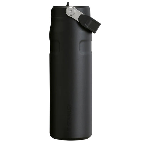 side view of closed stanley iceflow black flip straw 700ml bottle