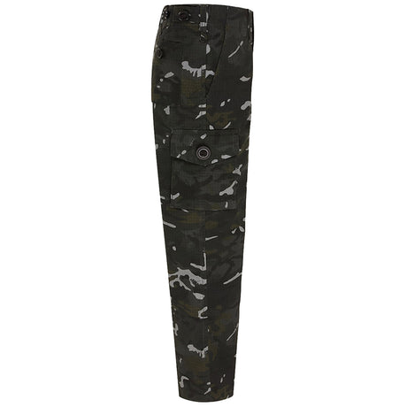 side view of kombat kids black btp camo trousers