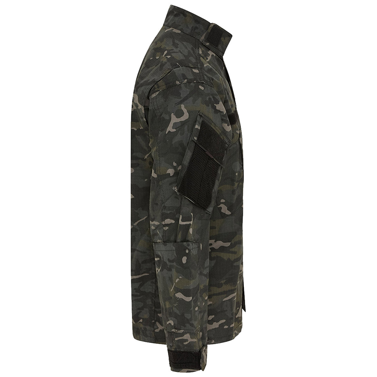 side view of kombat tactical black btp camo acu assault shirt