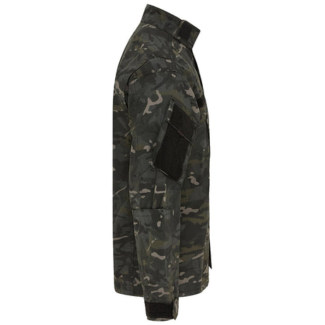 side view of kombat tactical black btp camo acu assault shirt