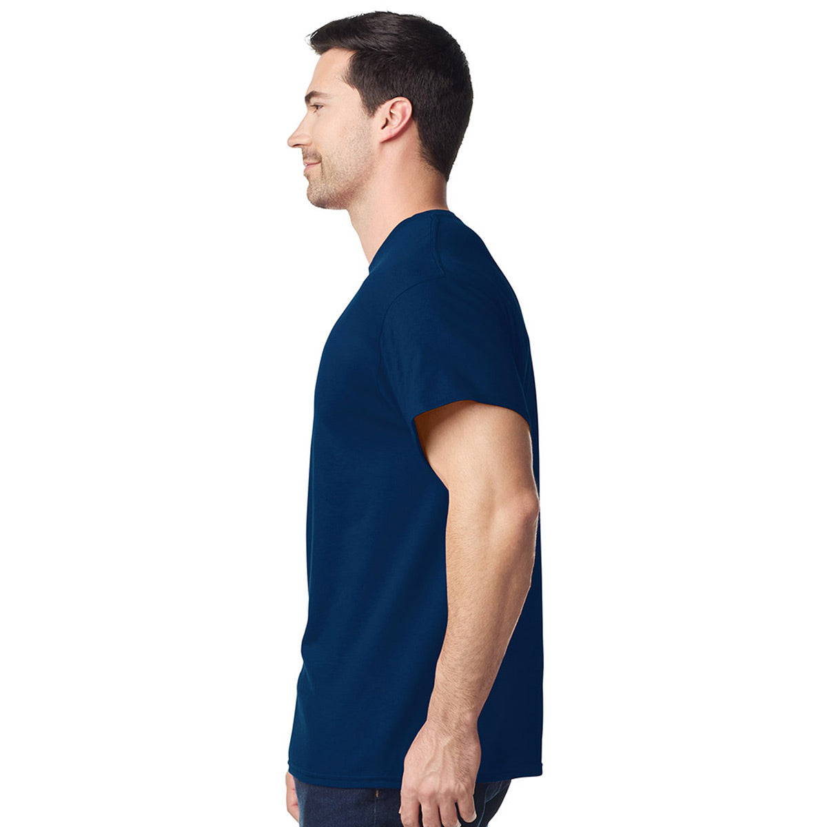 model wearing mens gildan short sleeve heavy cotton tshirt side view navy blue