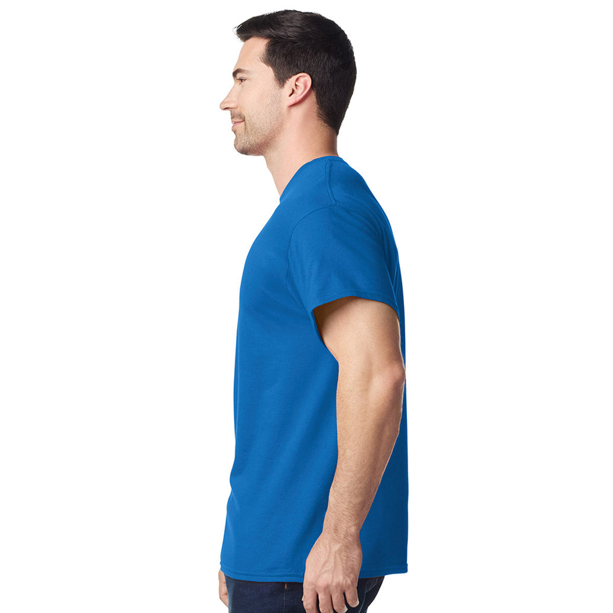 model wearing mens gildan short sleeve heavy cotton tshirt side view royal blue