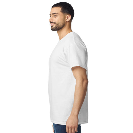 model wearing mens gildan short sleeve heavy cotton tshirt side view white