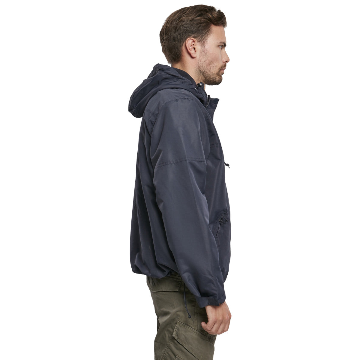 side view of navy brandit windbreaker jacket