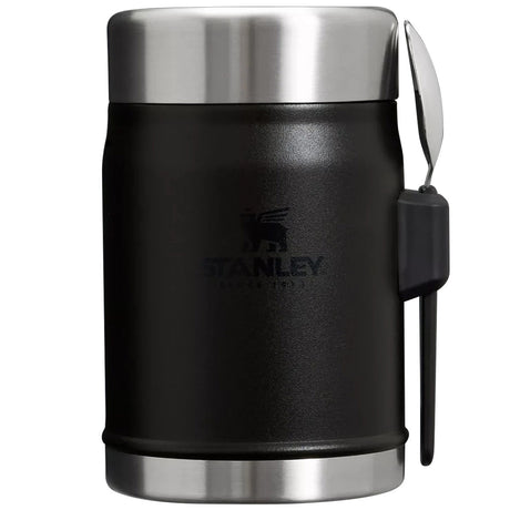 side view of stanley legendary black 400ml food jar spork