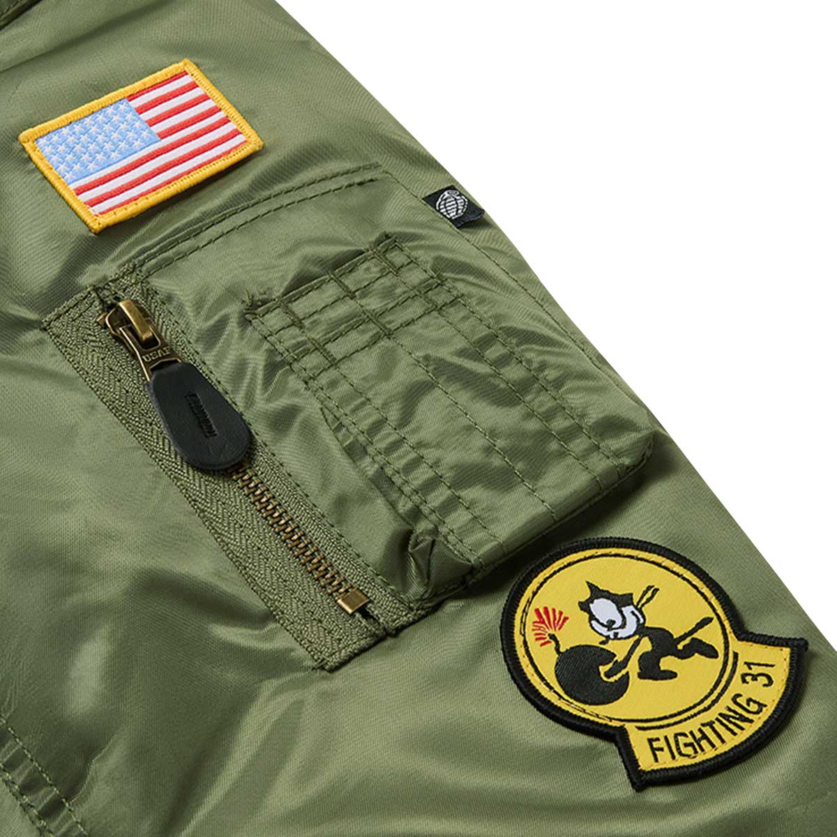 sleeve pocket of kombat kids green ma1 jacket
