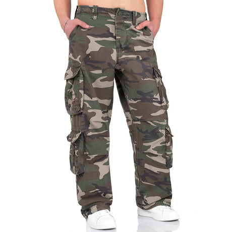 surplus woodland camo airborne vintage cargo trousers button closure