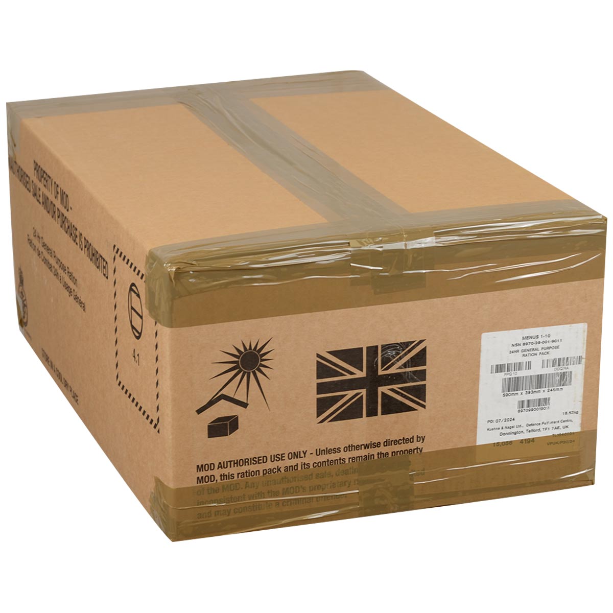 taped box of british army 24 hour gp ration packs