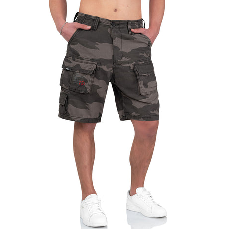 waist and belt loops on surplus airborne vintage black camo shorts