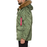 side view of green alpha n3b parka