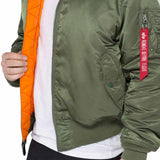 alpha ma1 bomber jacket sage green with orange lining