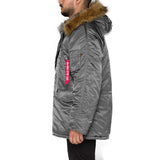 side view of grey alpha n3b parka