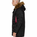 side view of black alpha n3b vf59 parka