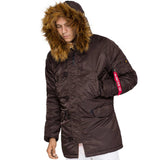 hood up on brown alpha n3b parka vf 59