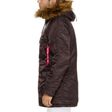 side view of deep brown alpha n3b vf59 parka