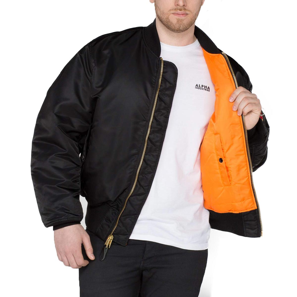 inside chest of black alpha ma1 flight jacket