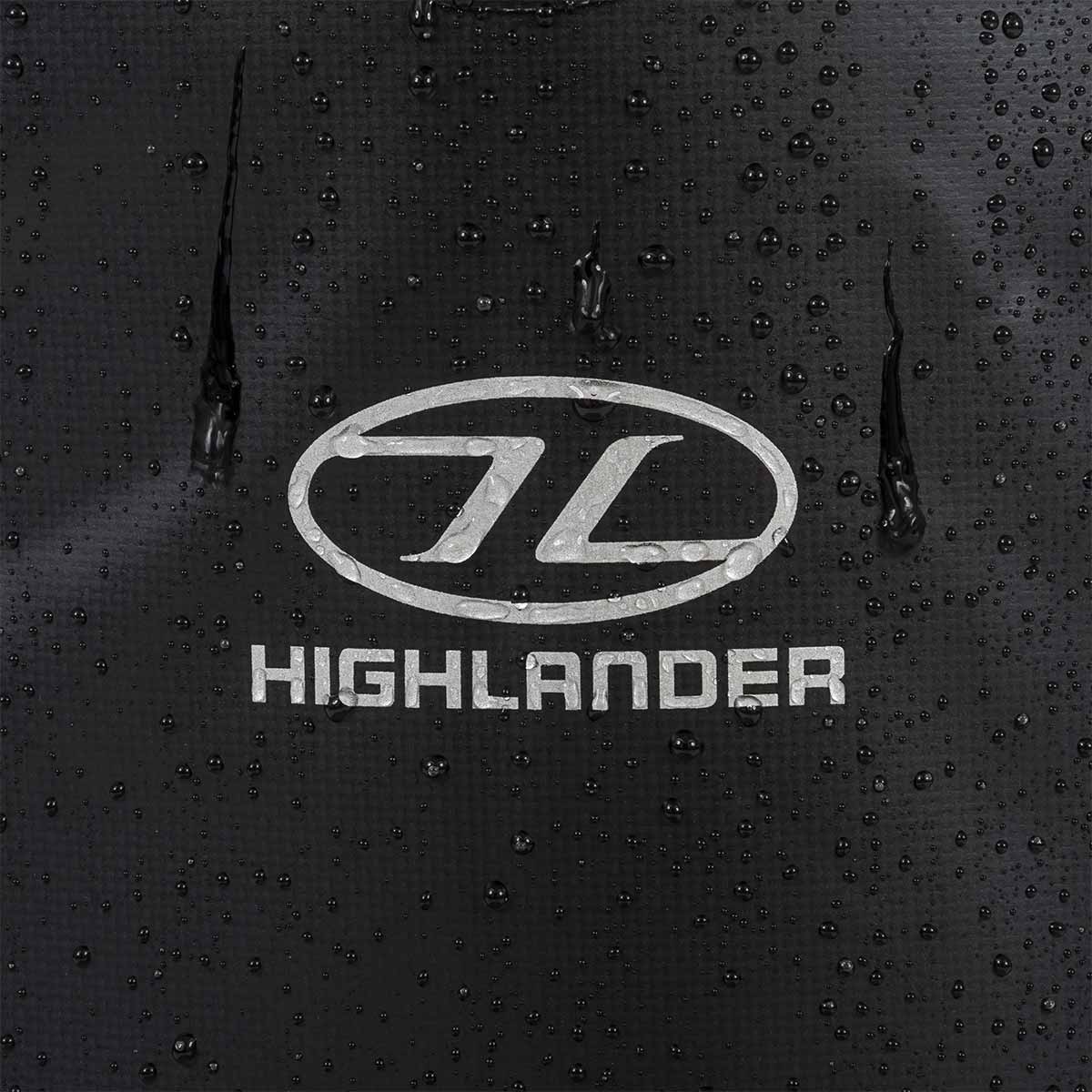 highlander logo on waterproof black duffel bag