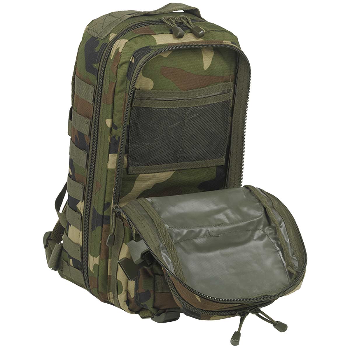 inner mesh pocket molle assault pack 20l woodland camo mil tec