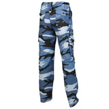 rear of blue camouflage combat trousers