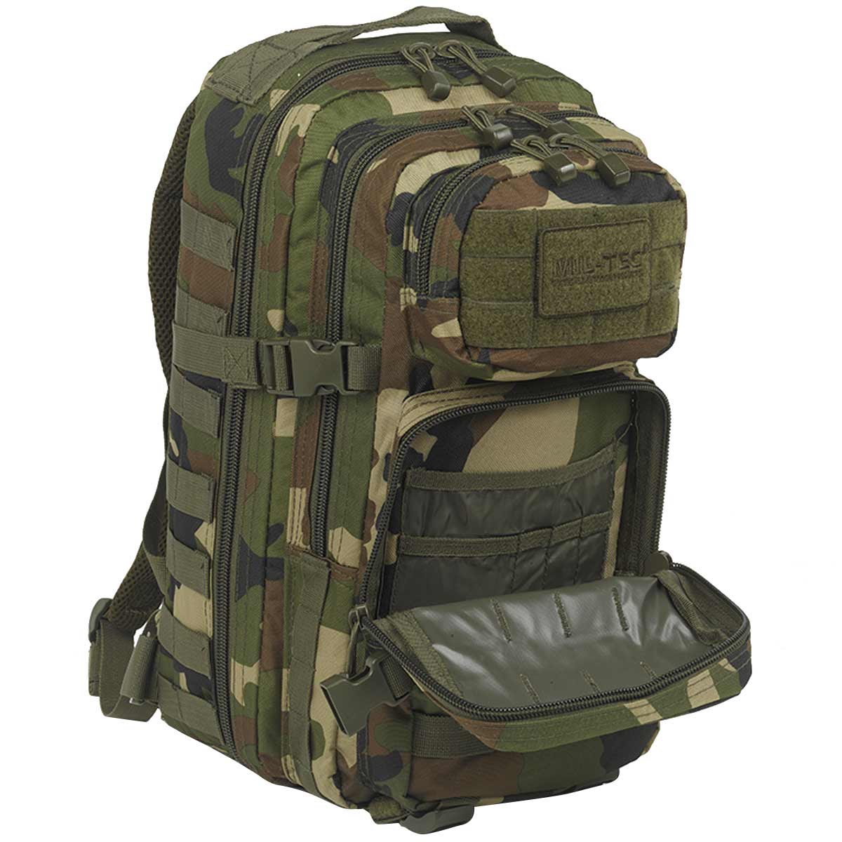 open front pocket mil tec molle assault pack 20L woodland camo