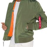 orange lining of alpha a1 tt bomber jacket sage green