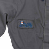 royal air force patch on used coverall grey blue