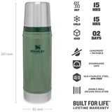 specifications stanley classic vacuum thermos flask hammertone green 470ml