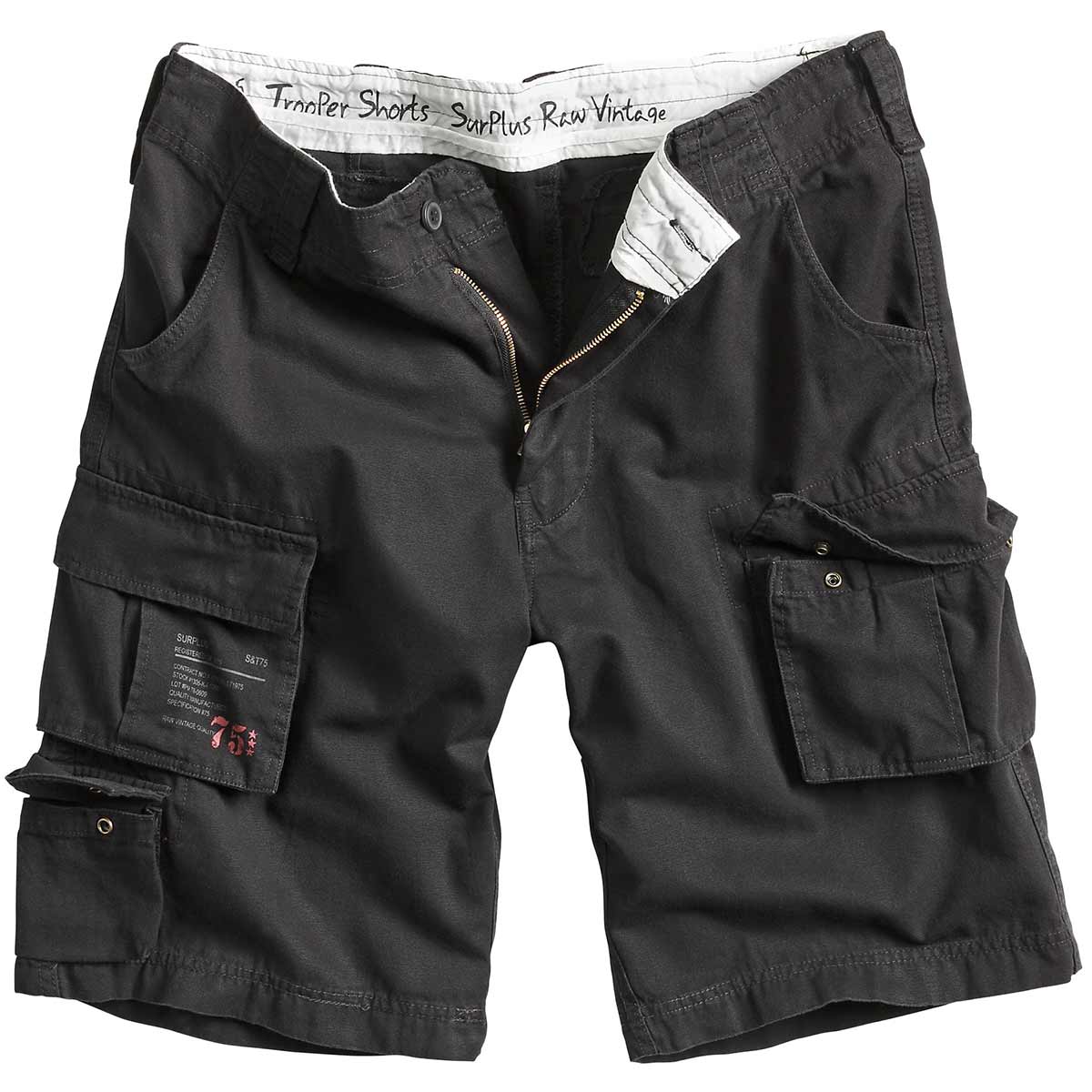 front view of surplus raw vintage black trooper shorts