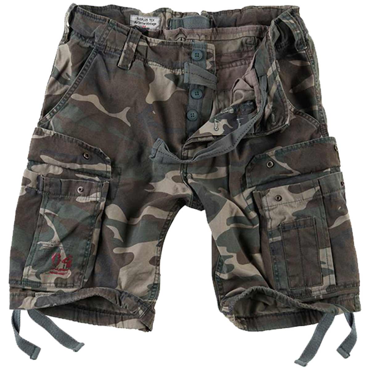 front of surplus airborne vintage shorts woodland camo